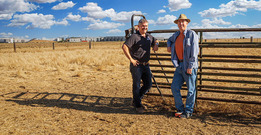 Professors Joshua Viers, left, and Tom Harmon share oversight of the new smart farm being constructed next to campus. The farm will be UC Merced's AES site.
