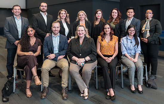 The campus’s 2022 Grad Slam 10 finalists with Graduate Dean Chris Kello (top left), Associate Graduate Dean Asmeret Asefaw Berhe (top right) and UC Merced Foundation Board Diplomat Jane Binger (bottom center). Photo by Veronica Adrover, UC Merced