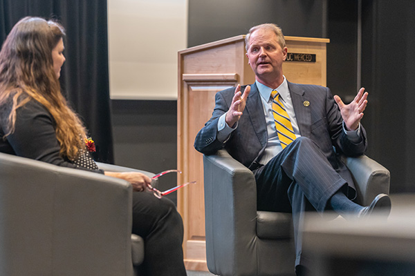 Interim Chancellor Nathan Brostrom took part in a Q&A with UC Merced Board of Trustees chair Denise Watkins following the Chancellor's Address.