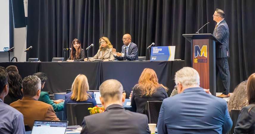 UC Merced Chancellor Juan Sánchez Muñoz moderates a panel featuring California Community Colleges Chancellor Sonya Christian, University of California President Michael Drake and California State University Chancellor Mildred Garcia.