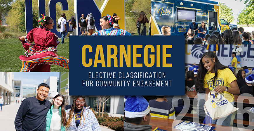 collage of photo with yellow text on a blue background reading Carnegie Elective Reclassification for Community Engagement